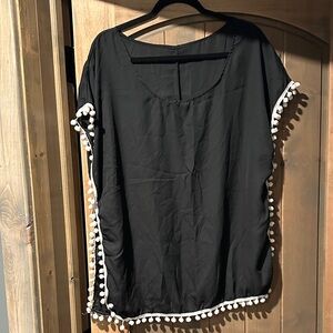 Black Coverup with White Pom-Pom Trim
